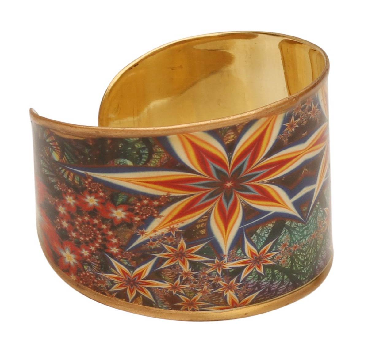 2.6” Golden Brass Cuff Bracelet with Colorful Floral Pattern - Trendy Accessories / Jewelry / Gifts for Her - Buy in Bulk Wholesale